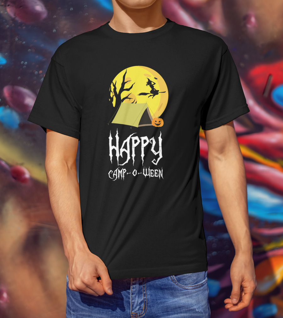 Happy Camp O Ween With Witch And Pumpkin Camping Under Full Moon T-Shirt