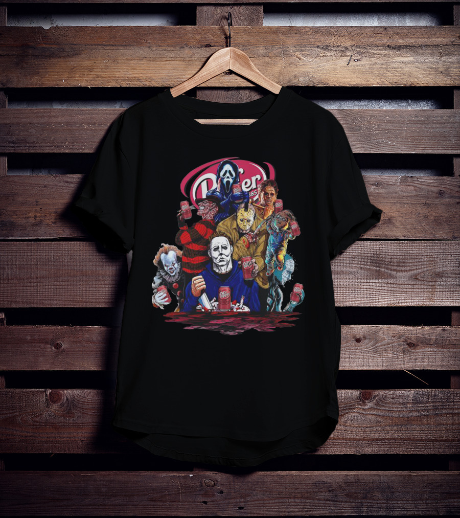 Dr Pepper Halloween Icons With Classic Horror Figures Holding Cans T-Shirt