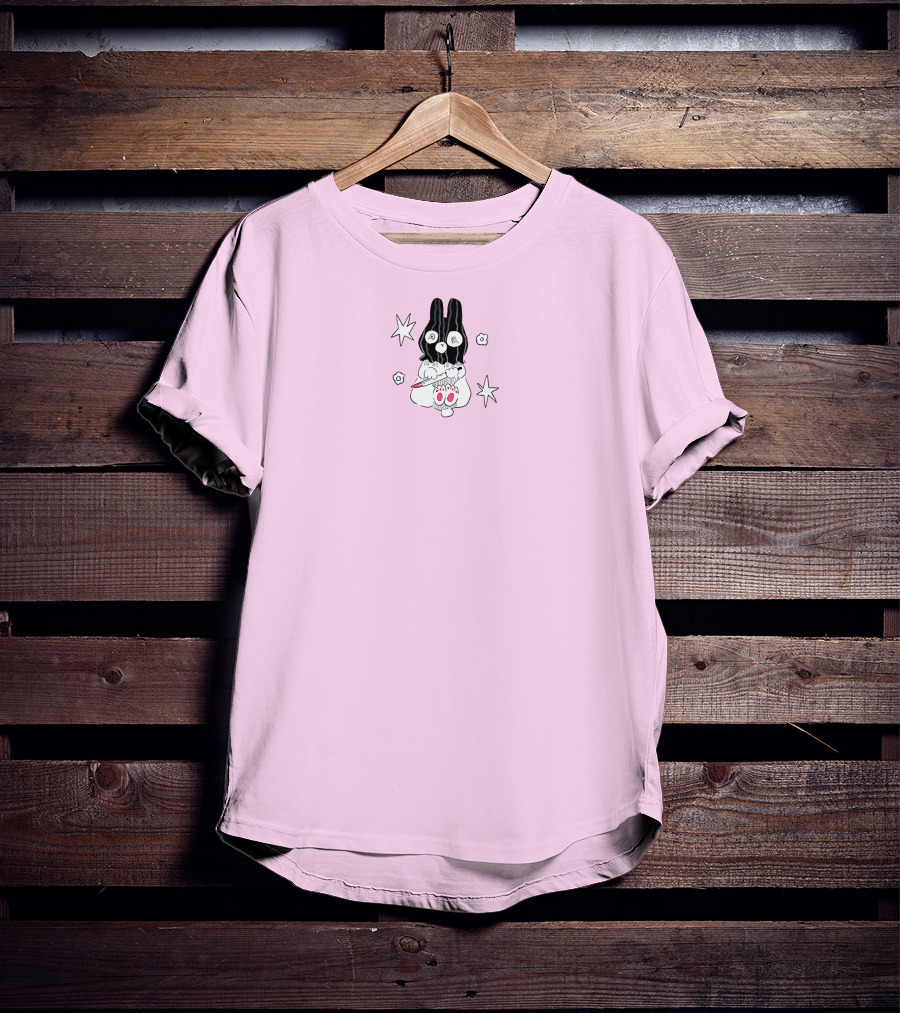 Chloe Moriondo Bunny Holding Strawberry With Stars And Flowers On Pink Background T-Shirt