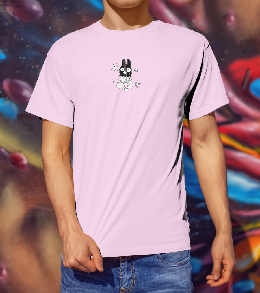 Chloe Moriondo Bunny Holding Strawberry With Stars And Flowers On Pink Background T-Shirt