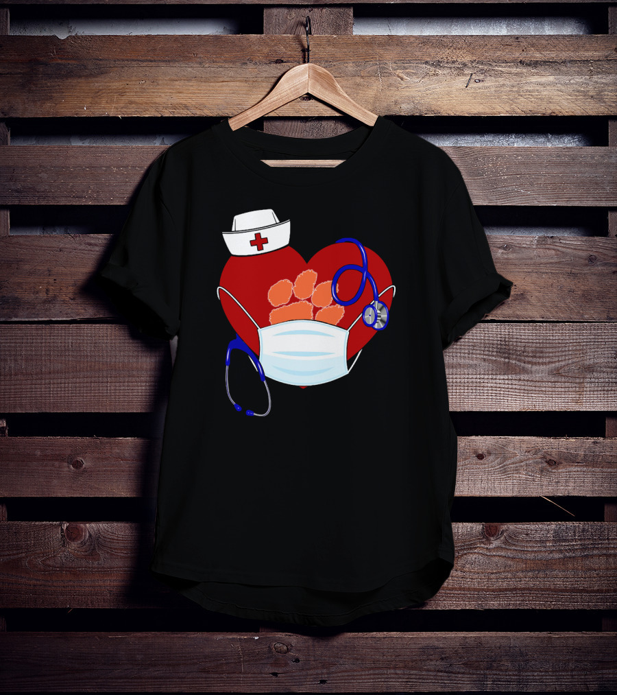 Heart Tigers Nursing Mask Stethoscope Paw Prints T-Shirt