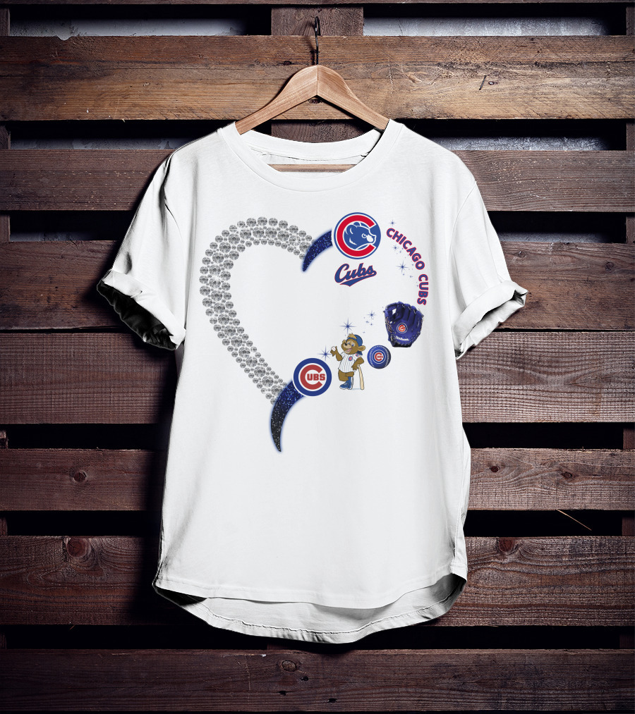 Chicago Cubs Heart Design With Logos And Bear Mascot T-Shirt