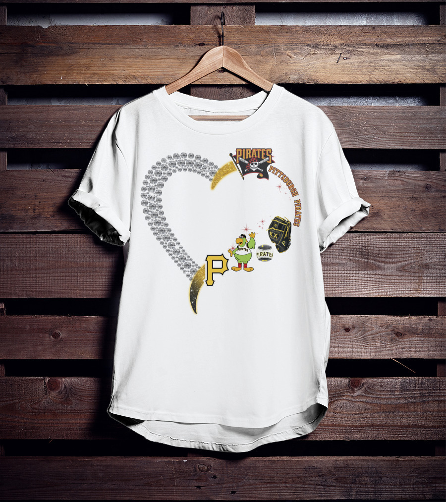 Pittsburgh Pirates Heart Logo Skully Parrot Baseball Glove P Patch T-Shirt