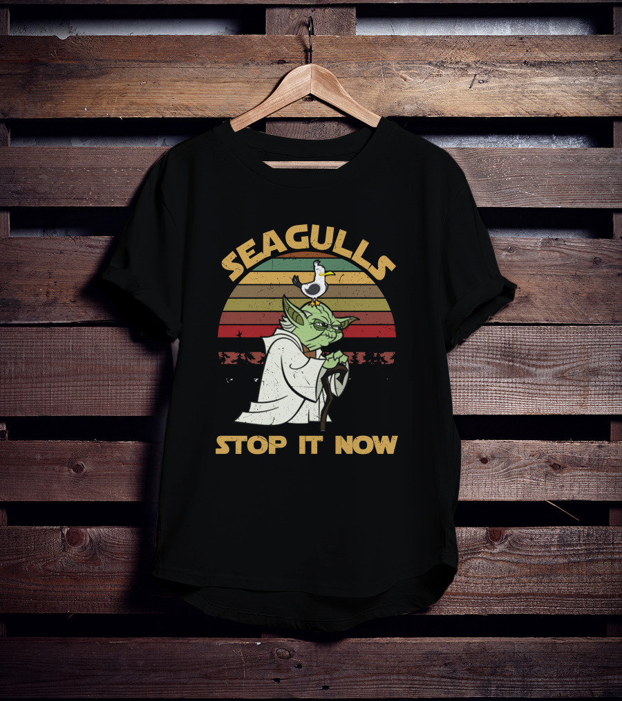 Seagulls STOP IT NOW Retro Yoda Parody With Seagull On Head T-Shirt