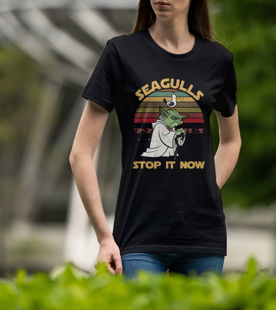 Seagulls STOP IT NOW Retro Yoda Parody With Seagull On Head T-Shirt