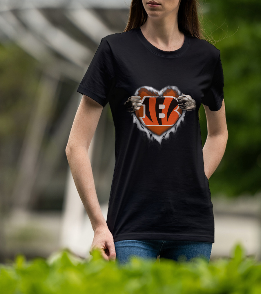 Cincinnati Bengals Ripped Logo Heart T-Shirt