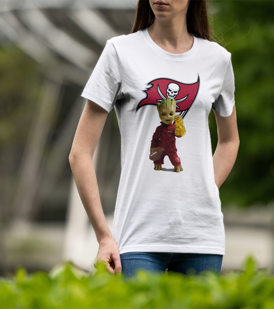 Groot Holding Football With Tampa Bay Buccaneers T-Shirt