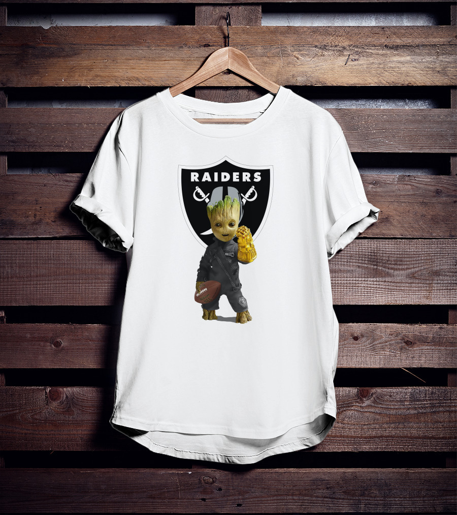 Las Vegas Raiders Groot Holding Football With Gauntlet In Front Of Raiders T-Shirt
