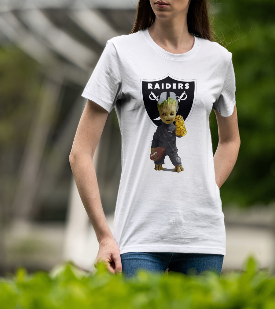 Las Vegas Raiders Groot Holding Football With Gauntlet In Front Of Raiders T-Shirt