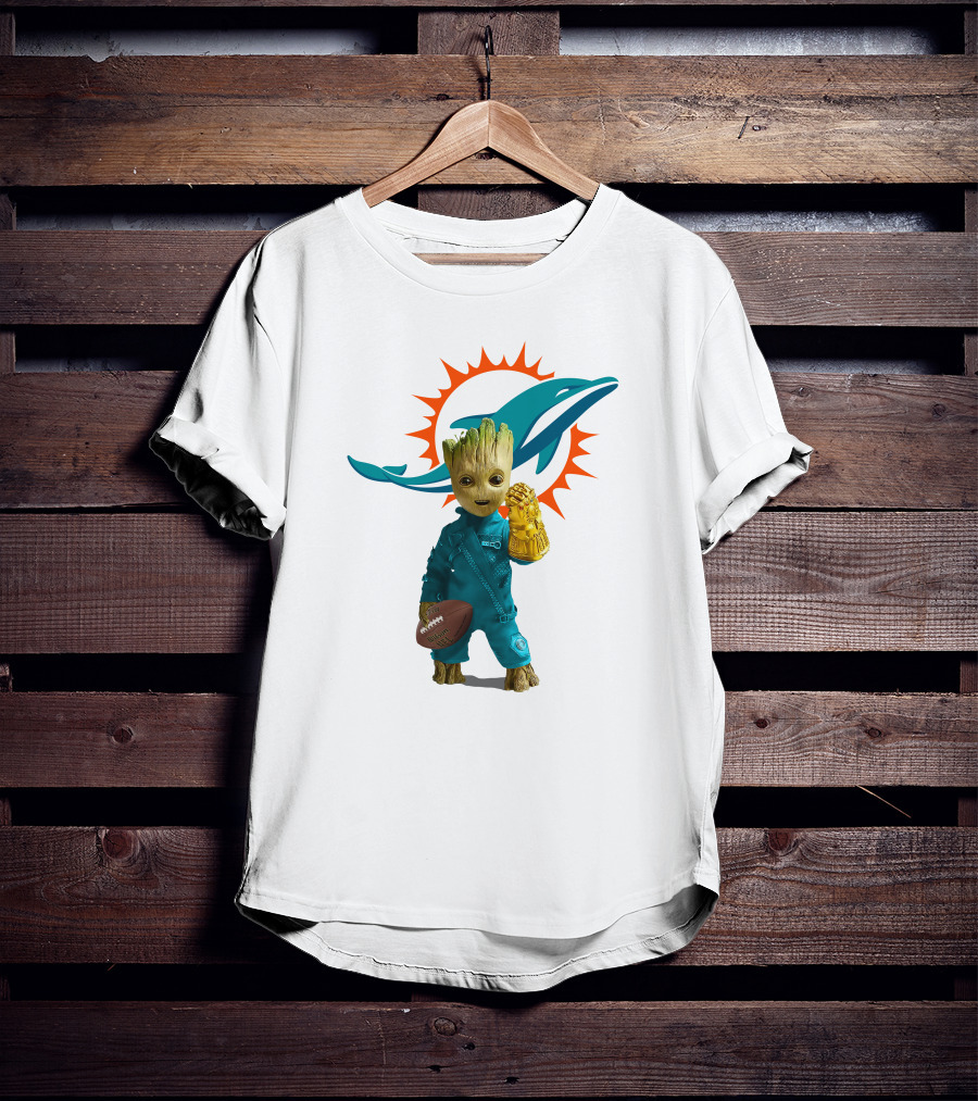 Miami Dolphins Groot Holding Football And Infinity Gauntlet T-Shirt