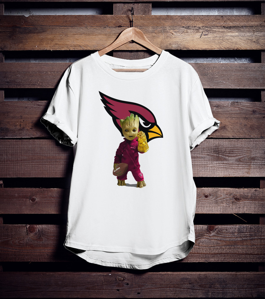 Arizona Cardinals Groot Holding Football And Infinity Gauntlet T-Shirt