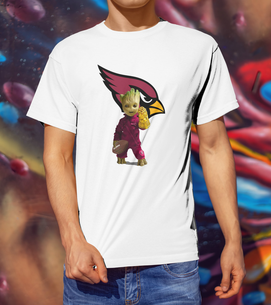 Arizona Cardinals Groot Holding Football And Infinity Gauntlet T-Shirt