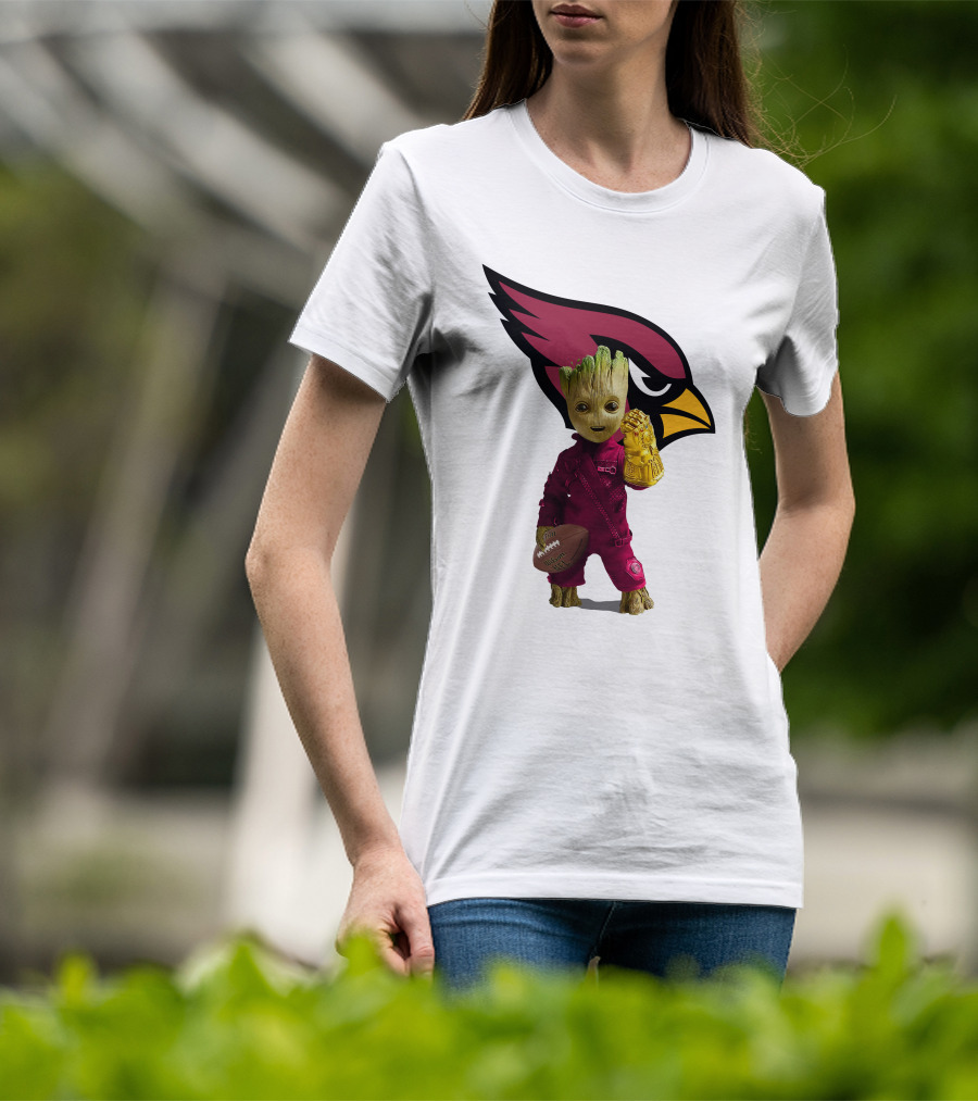 Arizona Cardinals Groot Holding Football And Infinity Gauntlet T-Shirt