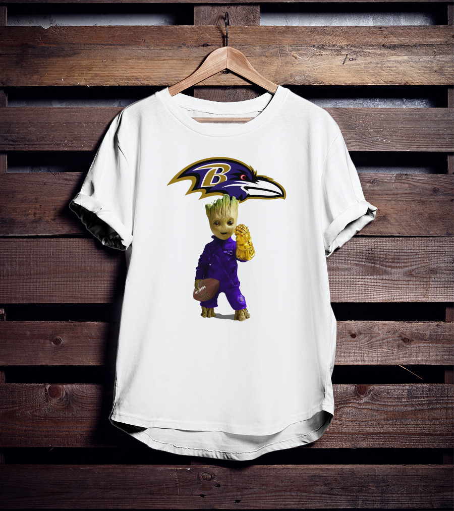 Baltimore Ravens Groot Holding Football And Infinity Gauntlet T-Shirt