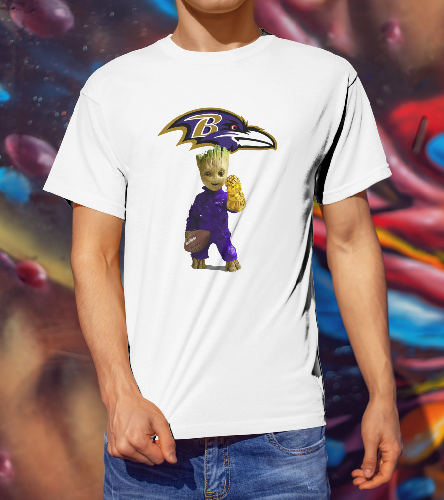 Baltimore Ravens Groot Holding Football And Infinity Gauntlet T-Shirt