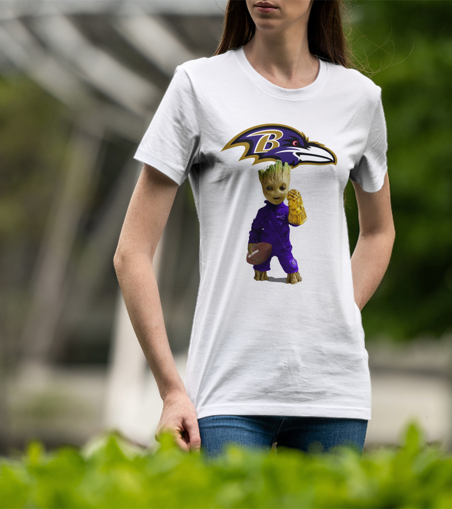 Baltimore Ravens Groot Holding Football And Infinity Gauntlet T-Shirt