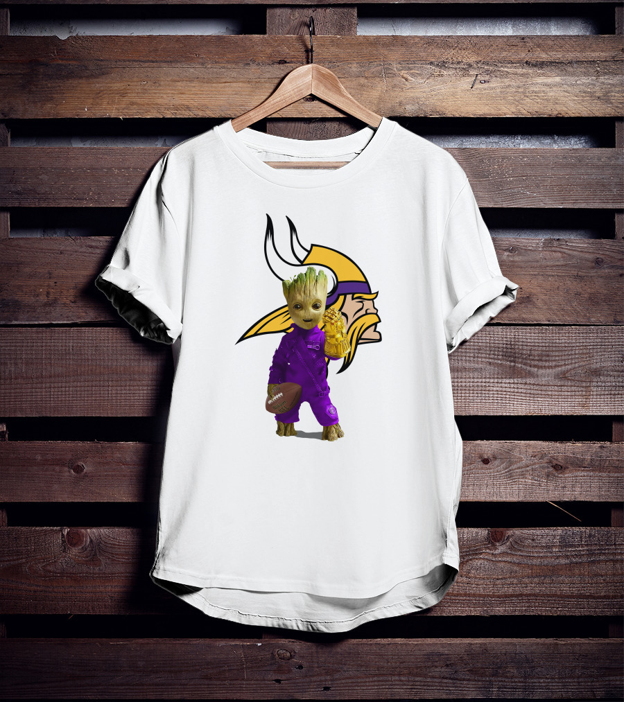 Minnesota Vikings Groot Holding Football And Infinity Gauntlet T-Shirt