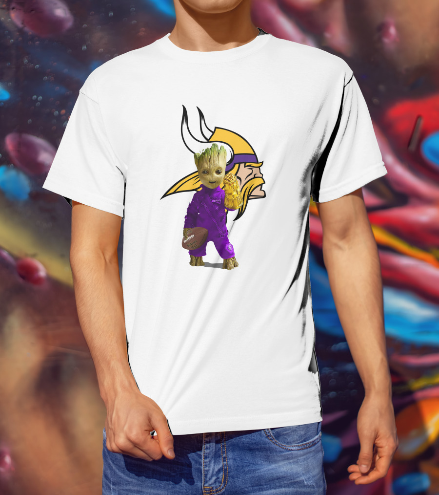 Minnesota Vikings Groot Holding Football And Infinity Gauntlet T-Shirt