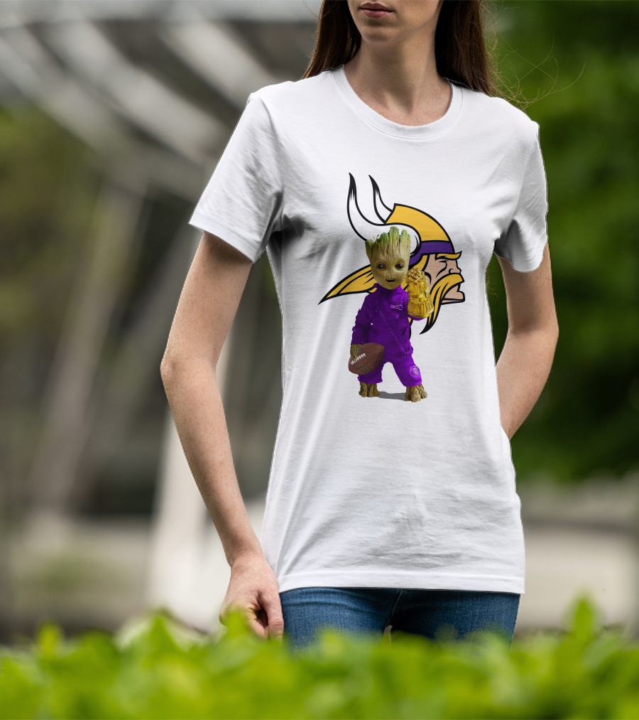 Minnesota Vikings Groot Holding Football And Infinity Gauntlet T-Shirt