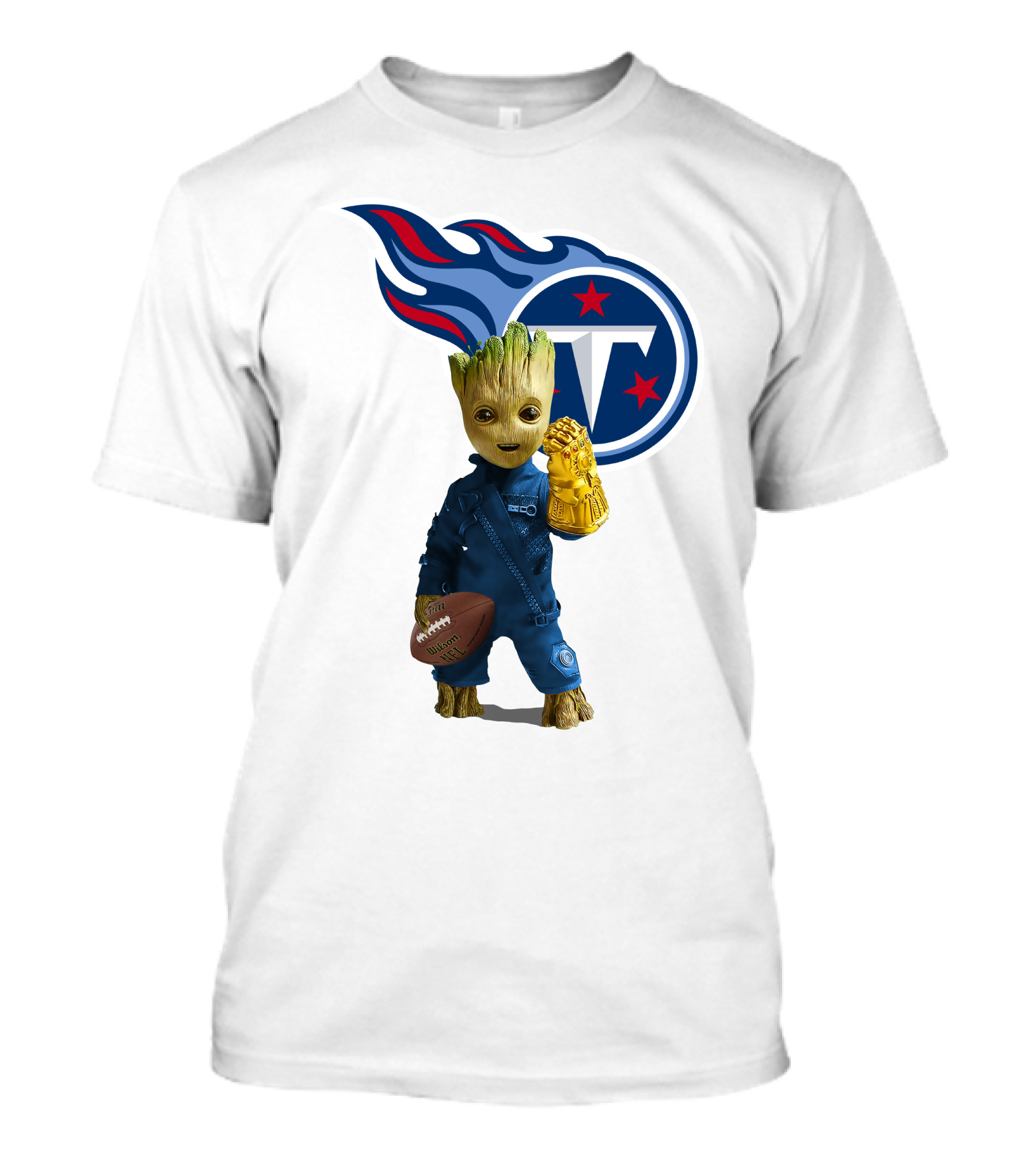 Groot Holding Football Tennessee Titans Logo Infinity Gauntlet T-Shirt