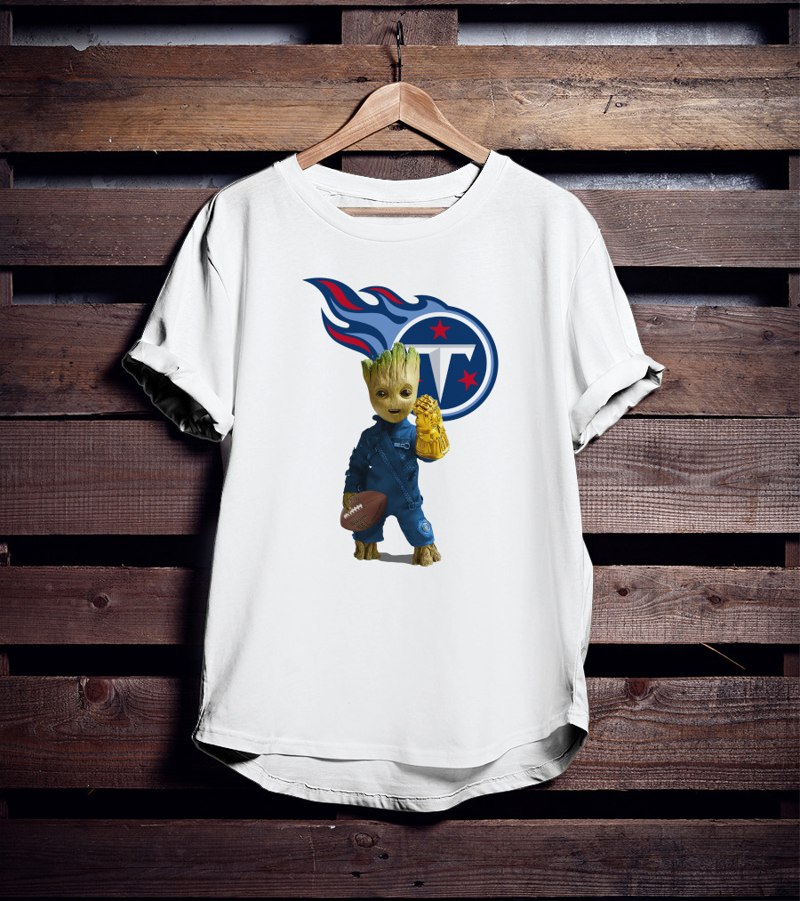 Groot Holding Football Tennessee Titans Logo Infinity Gauntlet T-Shirt
