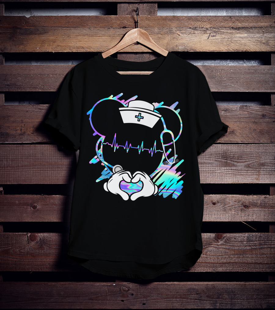 Nurse Disney Mickey Nurse Heartbeat Holographic T-Shirt