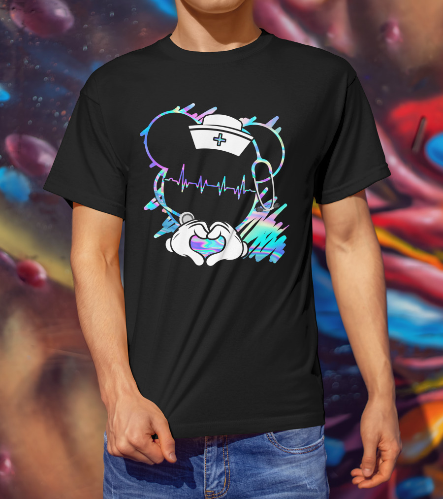 Nurse Disney Mickey Nurse Heartbeat Holographic T-Shirt
