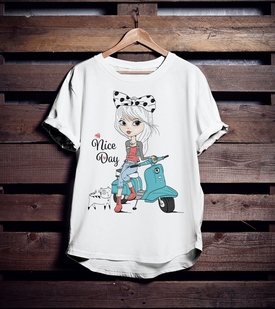 Nice Day Scooter Girl With Polka Dot Bow And Cute Cat T-Shirt