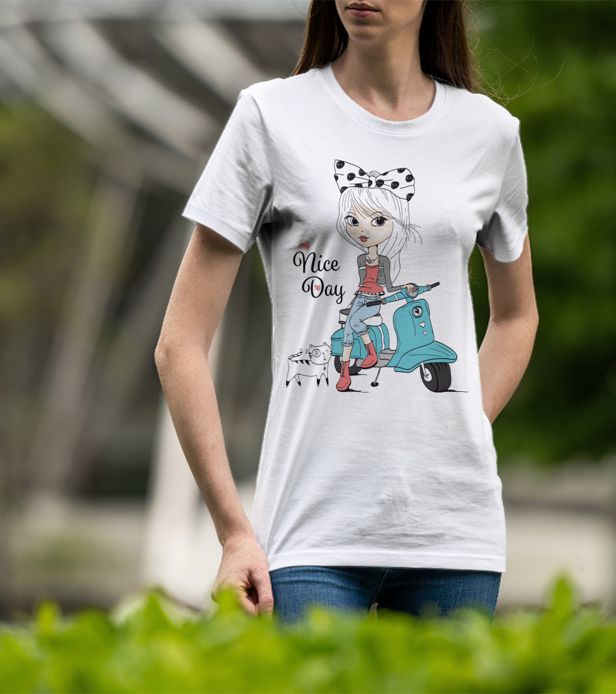 Nice Day Scooter Girl With Polka Dot Bow And Cute Cat T-Shirt