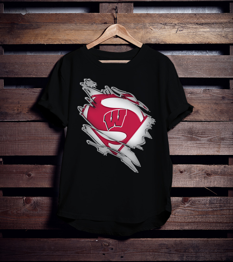 Wisconsin Badgers Super Man Emblem With W Inside Torn Fabric Effect T-Shirt