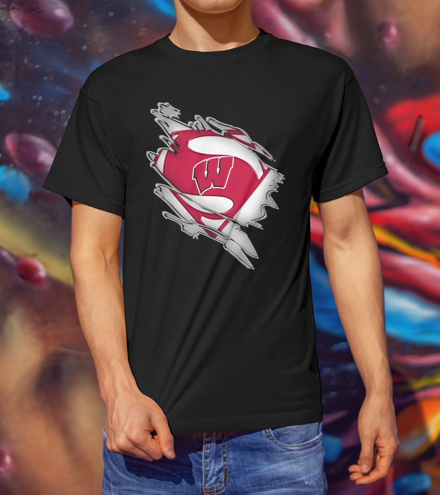 Wisconsin Badgers Super Man Emblem With W Inside Torn Fabric Effect T-Shirt