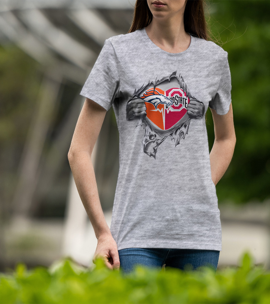 Denver Broncos Ohio State Buckeyes Logo Heart Tear Effect T-Shirt