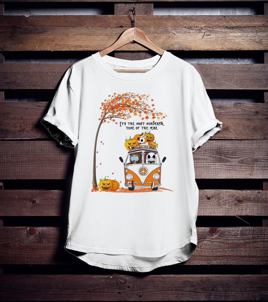 Jack Skellington Pumpkin It's The Most Wonderful Time Of The Year Autumn Van With Pumpkins And Tree T-Shirt