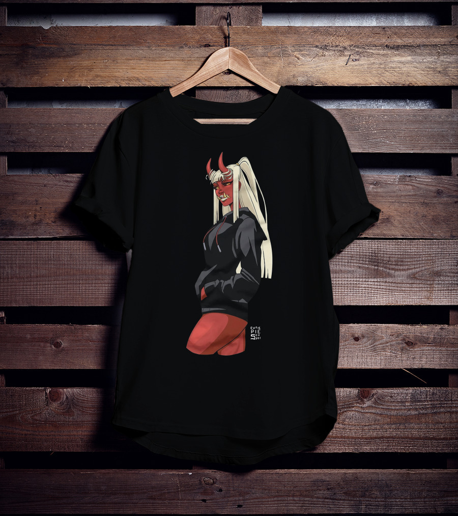 Cutie Pie Sensei X Redpop Oni Chan Demon Girl In Black Hoodie With Red Horns And Long Blonde Hair T-Shirt