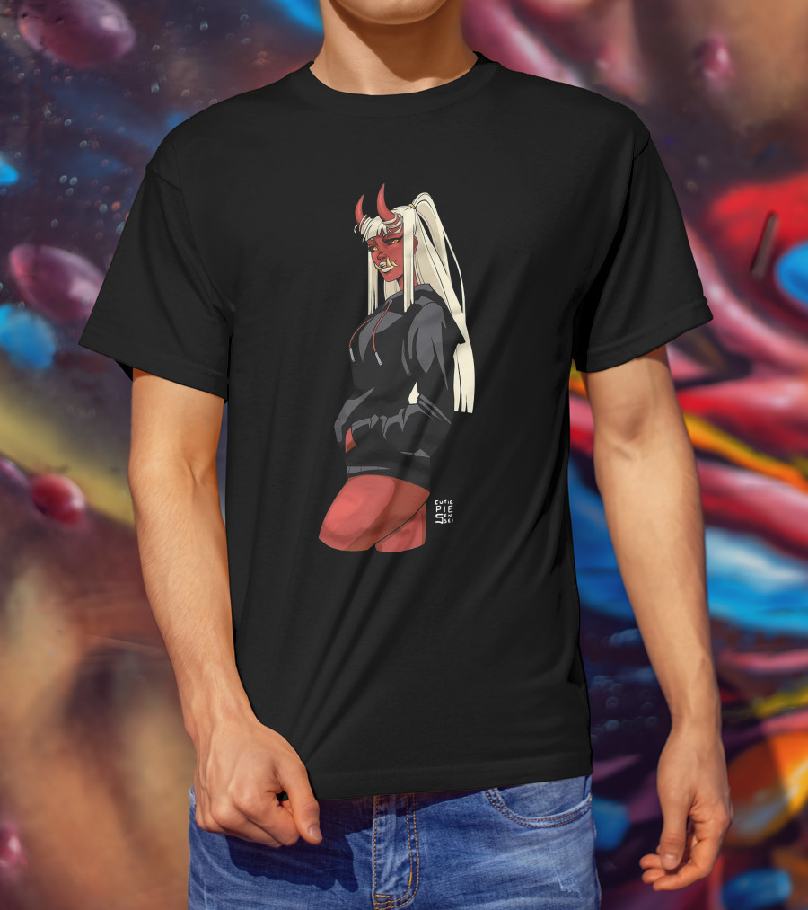 Cutie Pie Sensei X Redpop Oni Chan Demon Girl In Black Hoodie With Red Horns And Long Blonde Hair T-Shirt