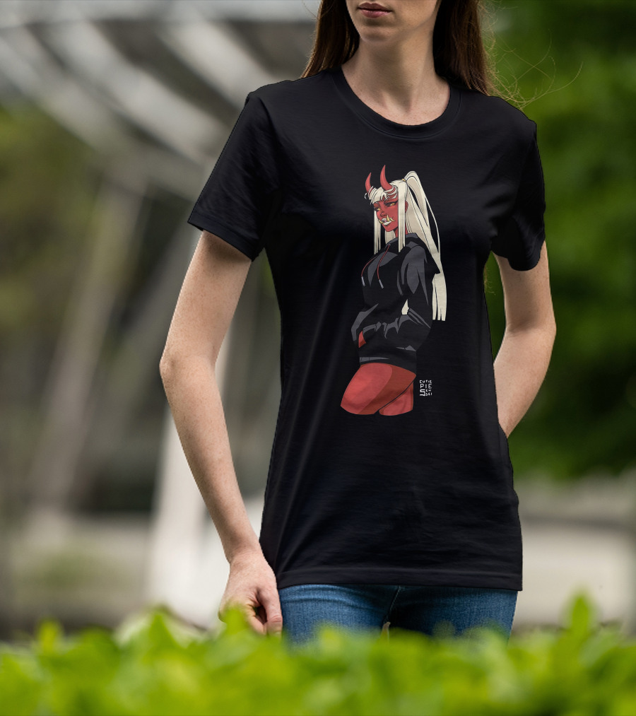 Cutie Pie Sensei X Redpop Oni Chan Demon Girl In Black Hoodie With Red Horns And Long Blonde Hair T-Shirt