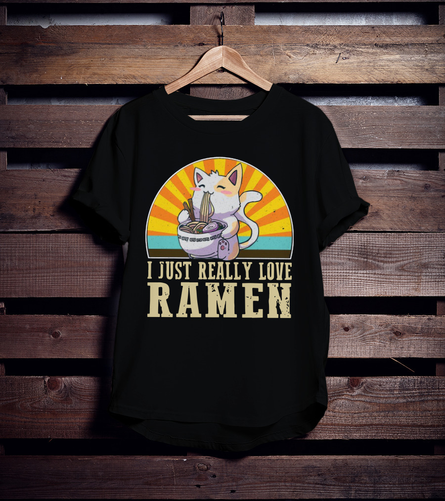 Cat Enjoying Ramen With Sunburst Background Graphics T-Shirt