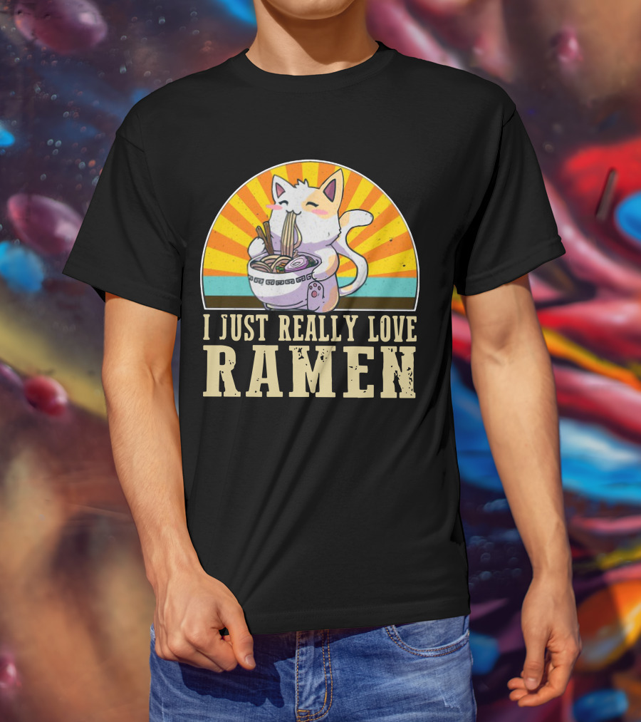 Cat Enjoying Ramen With Sunburst Background Graphics T-Shirt