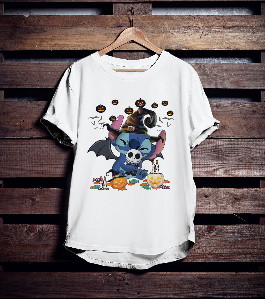 Halloween Stitch With Jack Skellington Mask And Bats T-Shirt