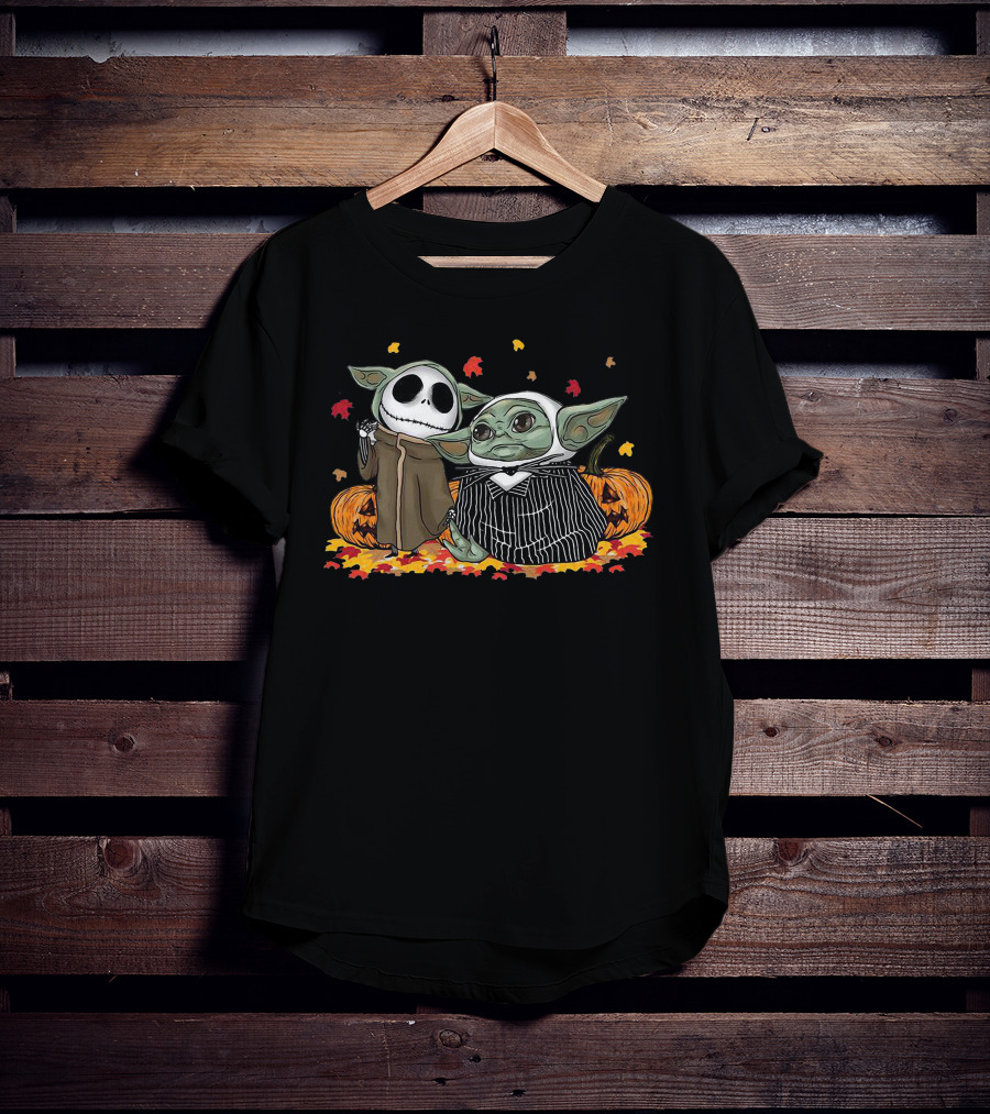 Pumpkin Halloween Baby Yoda Jack Skellington Autumn Leaves T-Shirt