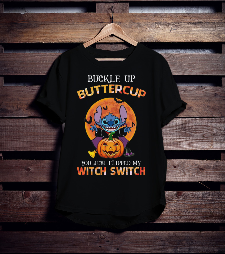 Buckle Up Buttercup Halloween Stitch You Just Flipped My Witch Switch Pumpkin Moon Bats T-Shirt