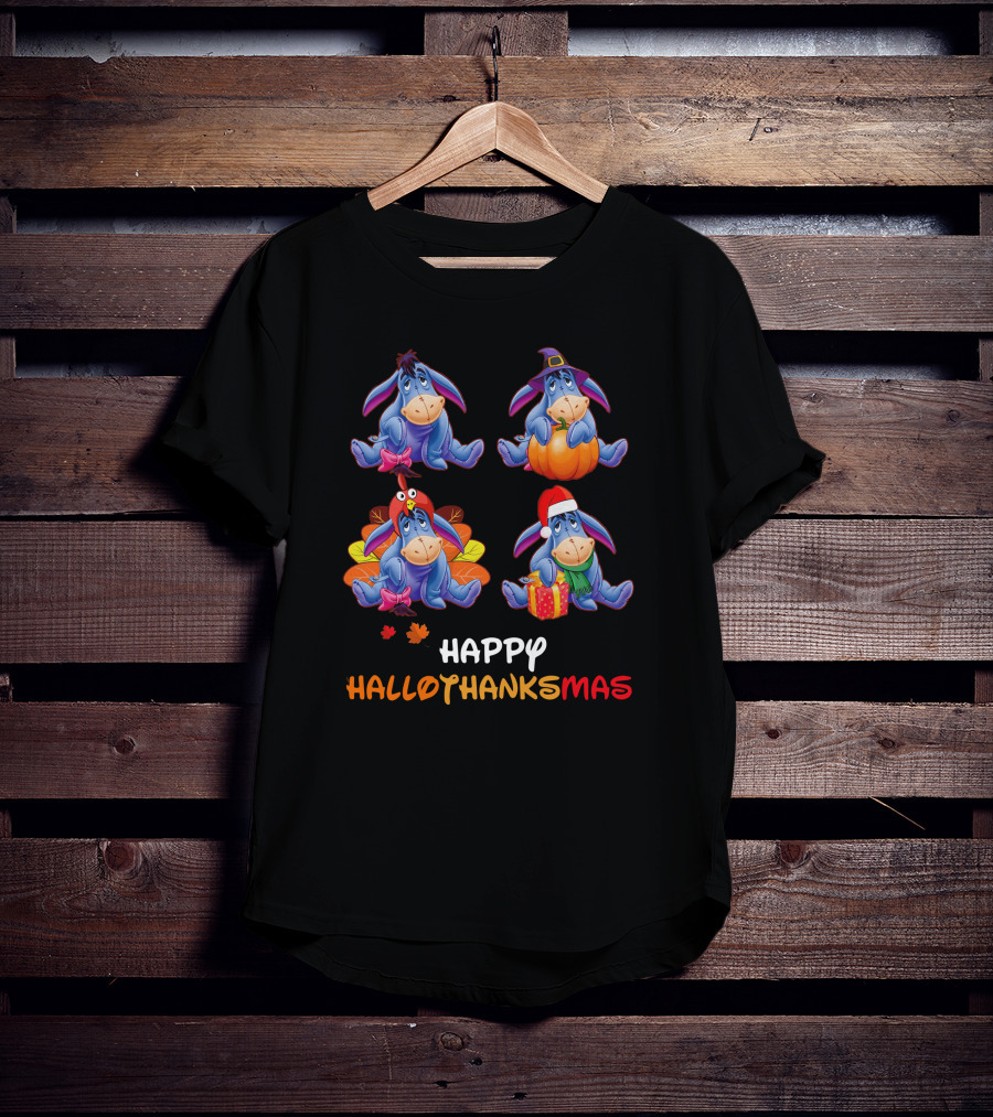 Eeyore Happy Hallothanksmas With Festive Seasonal Teal Accents T-Shirt