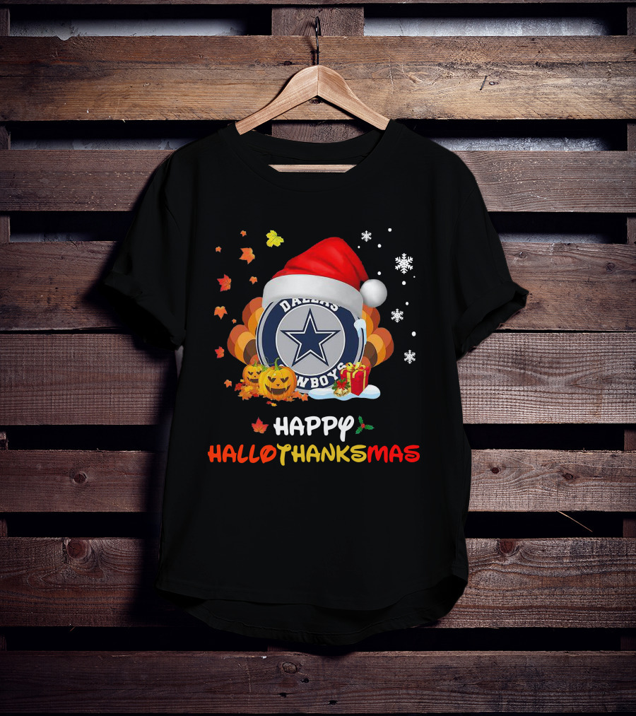 Happy Hallothanksmas Dallas Cowboys Pumpkin Santa Leaves Snowflakes T-Shirt
