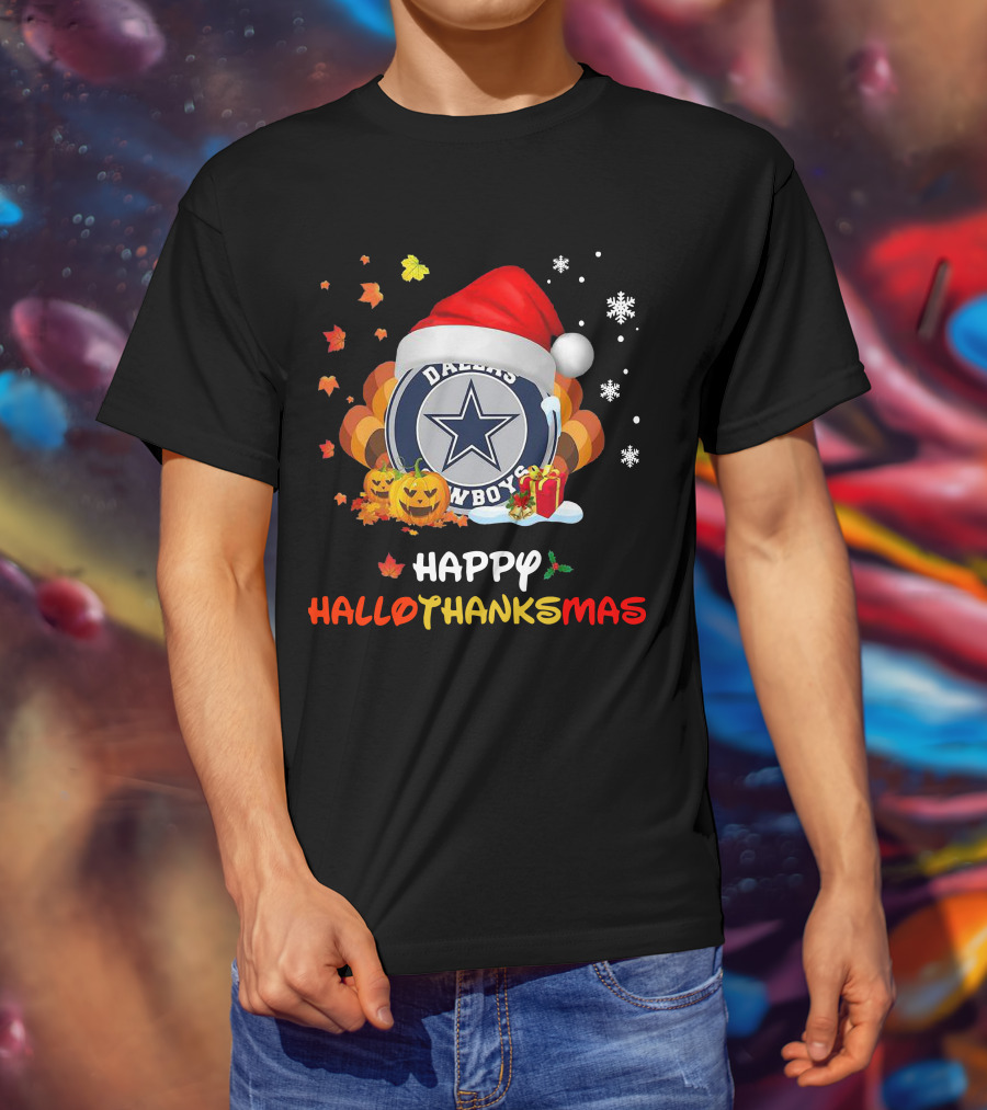 Happy Hallothanksmas Dallas Cowboys Pumpkin Santa Leaves Snowflakes T-Shirt