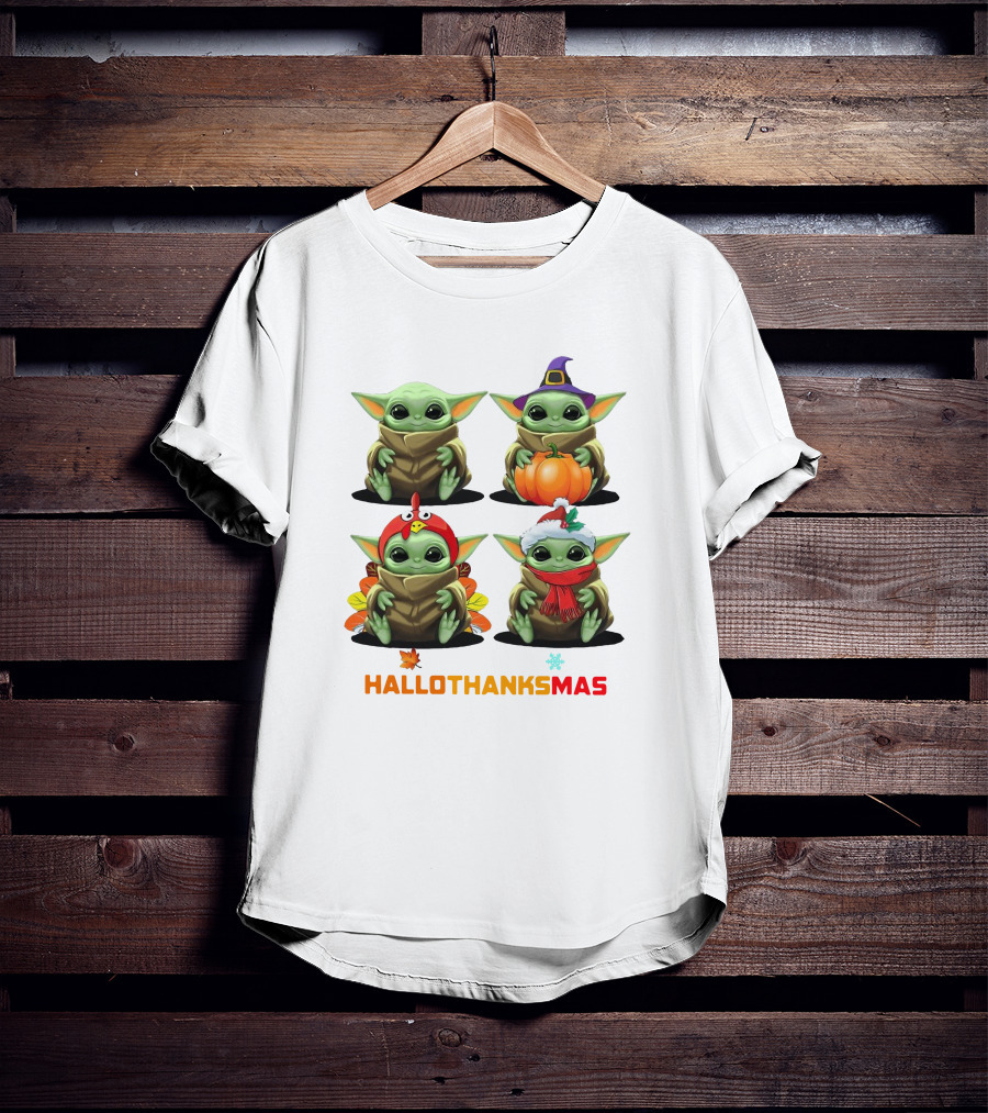 Baby Yoda Halloween Thanksgiving Christmas Happy Hallothanksmas T-Shirt