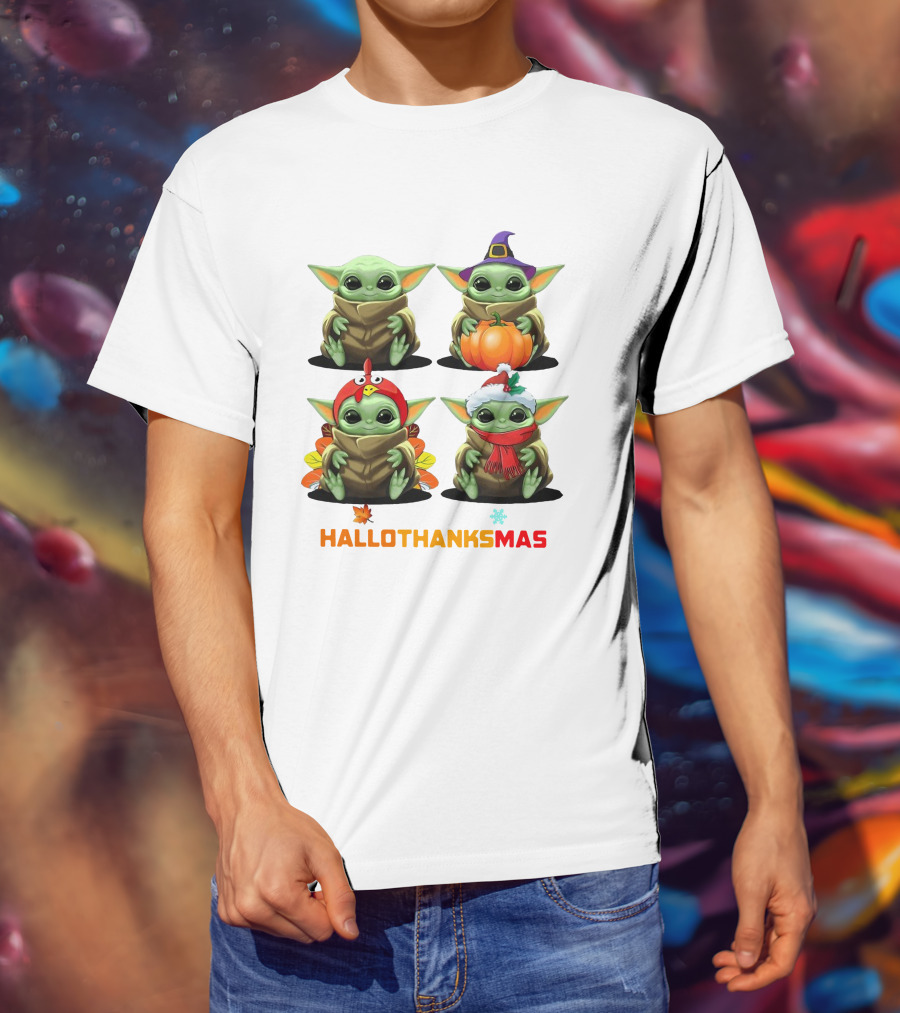 Baby Yoda Halloween Thanksgiving Christmas Happy Hallothanksmas T-Shirt