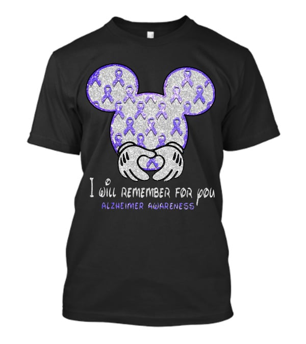 I Will Remember For You Alzheimer Awareness Mickey Pattern With Purple Ribbons T-Shirt