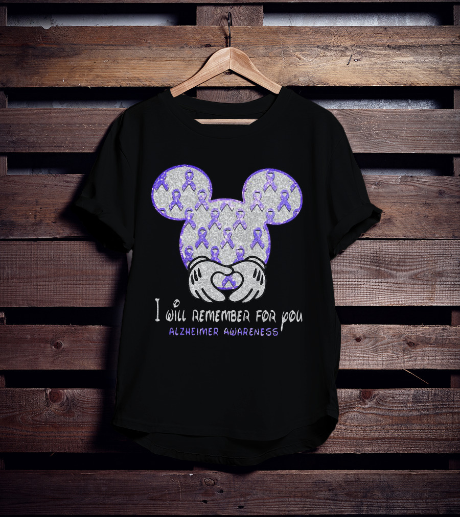 I Will Remember For You Alzheimer Awareness Mickey Pattern With Purple Ribbons T-Shirt