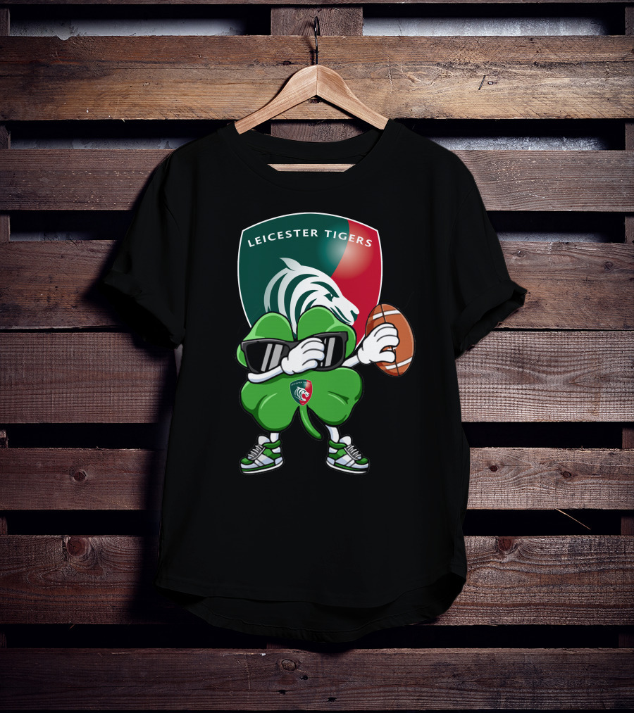 Leicester Tigers Shamrock Mascot Holding Rugby Ball T-Shirt