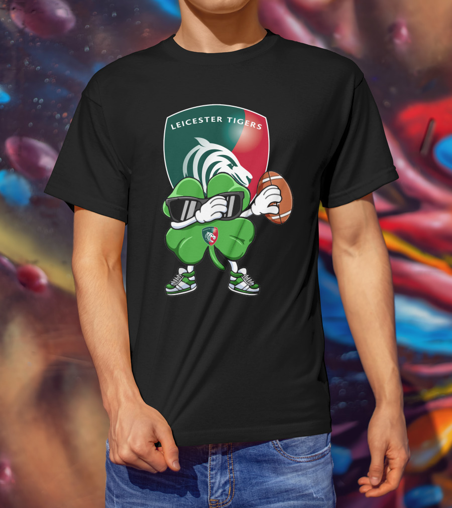 Leicester Tigers Shamrock Mascot Holding Rugby Ball T-Shirt
